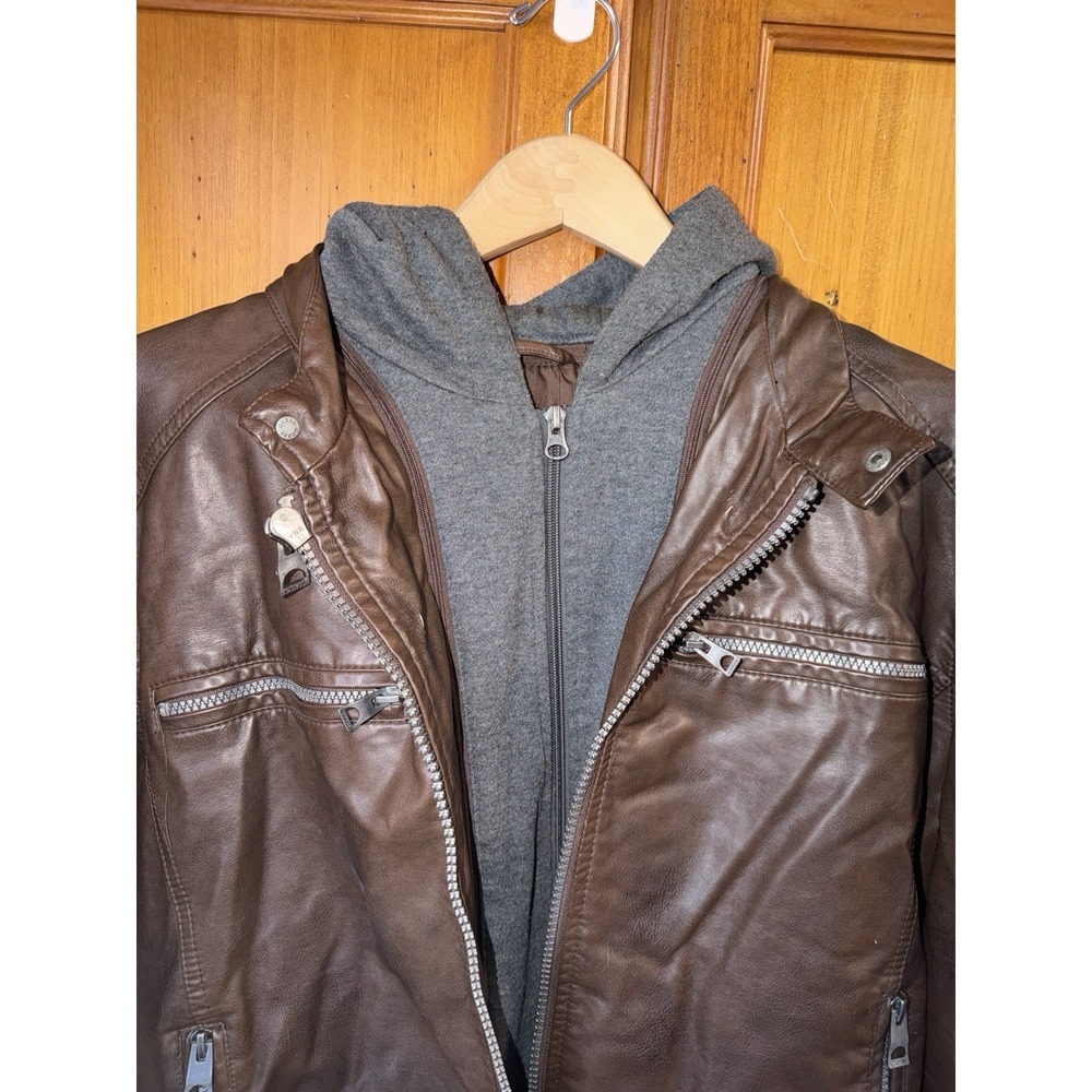 Guess Faux Leather Hooded Moto Jacket Removable Hood Brown Gray Men's XL Zip - Picture 2 of 11